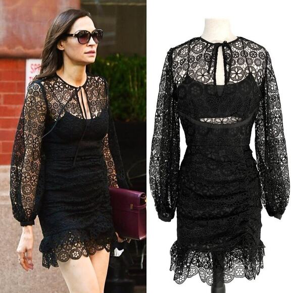 Self-Portrait Black Circle Guipure Lace Long Sleeve Mini Dress Size 4 - Picture 8 of 8